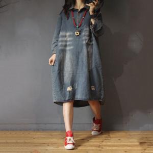 Color Fading Large Shirt Dress Denim Ripped Knee Length Dress