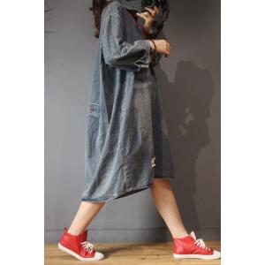 Color Fading Large Shirt Dress Denim Ripped Knee Length Dress