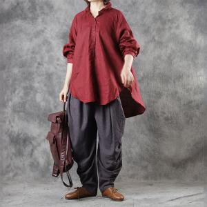 Dark Red Linen Blouse Long Sleeve Oversized Flax Clothing