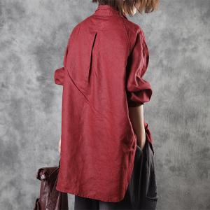 Dark Red Linen Blouse Long Sleeve Oversized Flax Clothing