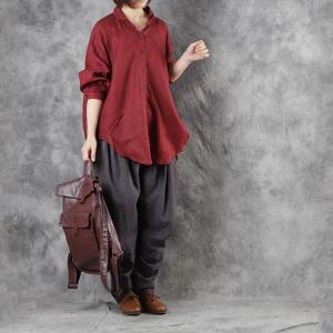 Dark Red Linen Blouse Long Sleeve Oversized Flax Clothing