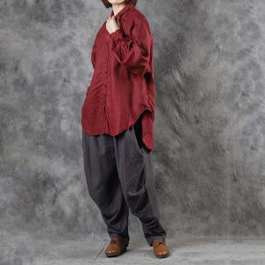 Dark Red Linen Blouse Long Sleeve Oversized Flax Clothing