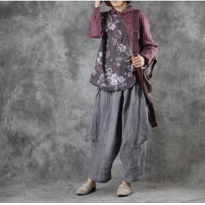 Senior Women Linen Purple Blouse Vintage Floral Chinese Clothes