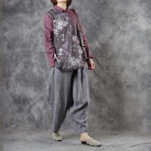 Senior Women Linen Purple Blouse Vintage Floral Chinese Clothes