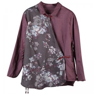 Senior Women Linen Purple Blouse Vintage Floral Chinese Clothes