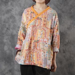 Beautiful Printed V-Neck Orange Blouse Linen Loose Printed Shirt