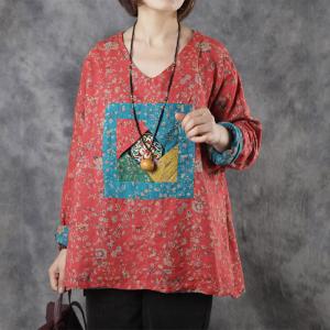 Folk Fashion Linen Embroidered Shirt Plus Size Floral Tunic Blouse