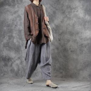 Cotton Linen Striped  Vest Chinese Buttons Brown Waistcoat for Women