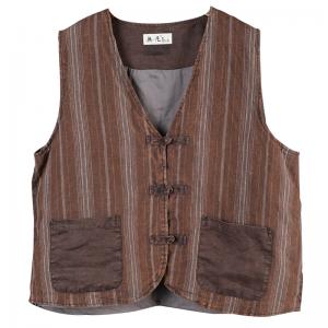 Cotton Linen Striped  Vest Chinese Buttons Brown Waistcoat for Women