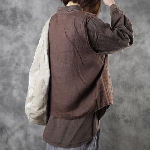 Cotton Linen Striped  Vest Chinese Buttons Brown Waistcoat for Women