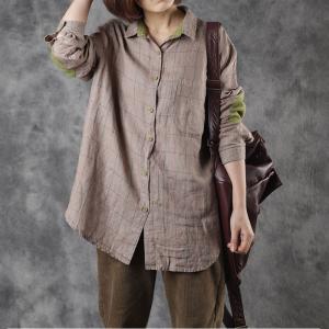 Green Patchwork Linen Checkered Blouse Long Sleeve Oversized Shirt