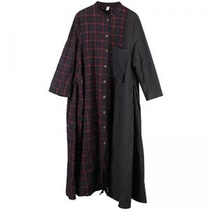 Big Pockets Linen Plaid Church Dress Loose Modest Clothes for Women