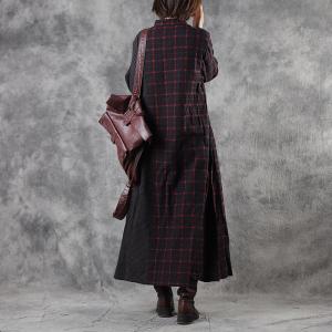 Big Pockets Linen Plaid Church Dress Loose Modest Clothes for Women