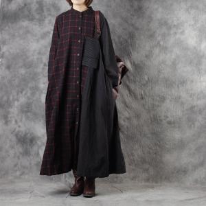 Big Pockets Linen Plaid Church Dress Loose Modest Clothes for Women