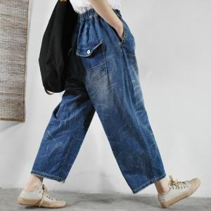 Hip Pockets Blue Wide Leg Jeans Korean High Rise Jeans