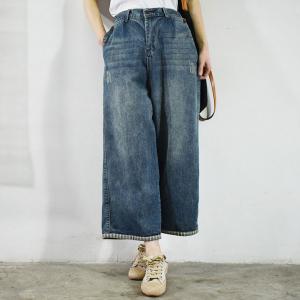 Street Style Wide Leg Cropped Jeans High Rise Culottes Jeans