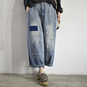 Wide Leg Vintage Ripped Jeans Patchwork Embroidery Jeans for Women