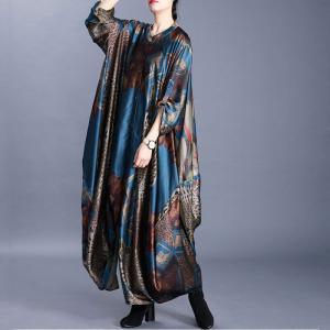 Senior Women Silk Blue Dress Printed Plus Size Tent Dress