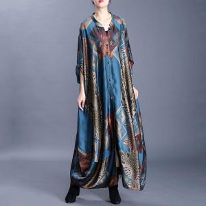 Senior Women Silk Blue Dress Printed Plus Size Tent Dress