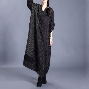 Relax-Fitting Black Dotted Dress V-Neck Lace Crochet Dress