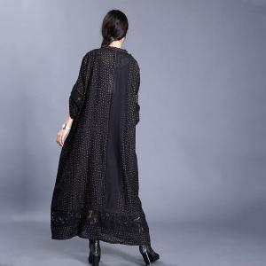 Relax-Fitting Black Dotted Dress V-Neck Lace Crochet Dress