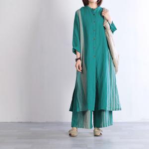 Loose Linen Green Shirt Dress with Striped Wide Leg Pants