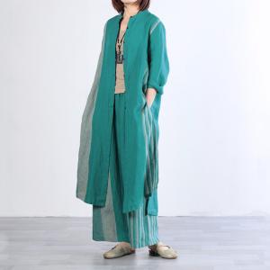 Loose Linen Green Shirt Dress with Striped Wide Leg Pants