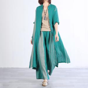 Loose Linen Green Shirt Dress with Striped Wide Leg Pants