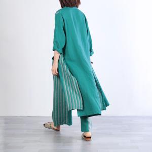 Loose Linen Green Shirt Dress with Striped Wide Leg Pants