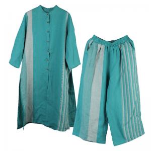 Loose Linen Green Shirt Dress with Striped Wide Leg Pants