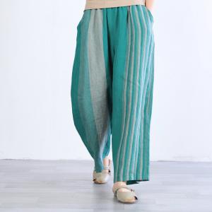 Loose Linen Green Shirt Dress with Striped Wide Leg Pants