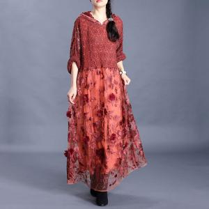 Applique Decoration Elegant Lace Dress Loose Maxi Hooded Dress