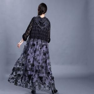 Applique Decoration Elegant Lace Dress Loose Maxi Hooded Dress