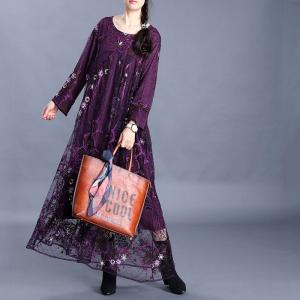 Floral Applique Lace Sheer Dress Long Sleeve Elegant Purple Dress