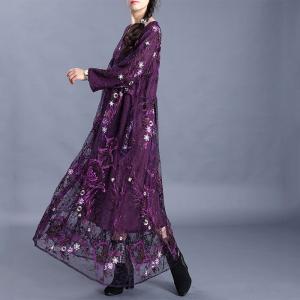 Floral Applique Lace Sheer Dress Long Sleeve Elegant Purple Dress