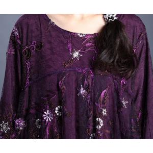 Floral Applique Lace Sheer Dress Long Sleeve Elegant Purple Dress