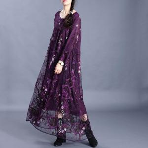 Floral Applique Lace Sheer Dress Long Sleeve Elegant Purple Dress