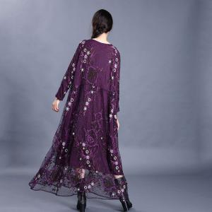 Floral Applique Lace Sheer Dress Long Sleeve Elegant Purple Dress