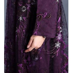 Floral Applique Lace Sheer Dress Long Sleeve Elegant Purple Dress
