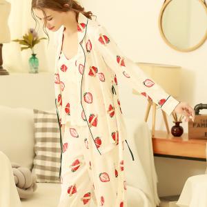 Strawberry Pattern Silky White Pyjama Sets