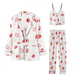 Strawberry Pattern Silky White Pyjama Sets