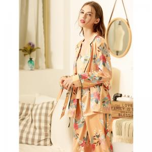 Flowers Printed Orange Sleepwear Womens Silky Belted Pajama Sets