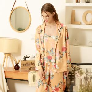 Flowers Printed Orange Sleepwear Womens Silky Belted Pajama Sets