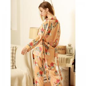 Flowers Printed Orange Sleepwear Womens Silky Belted Pajama Sets