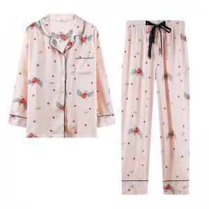 Long Sleeve Cute Heart Sleepwear Sets Pink Silk Loungewear Suits