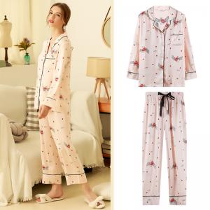 Long Sleeve Cute Heart Sleepwear Sets Pink Silk Loungewear Suits