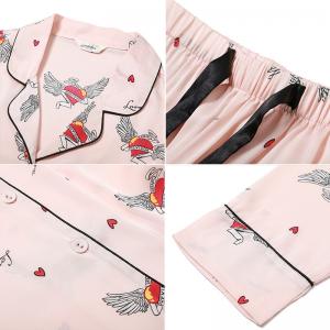 Long Sleeve Cute Heart Sleepwear Sets Pink Silk Loungewear Suits