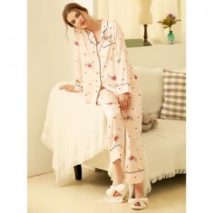 Long Sleeve Cute Heart Sleepwear Sets Pink Silk Loungewear Suits