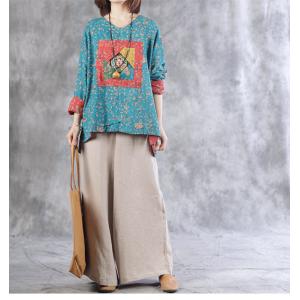 Folk Style Ditsy Floral Embroidered Blouse Linen Plus Size Granny Top