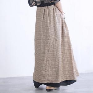 Double Layers Drawstring Loose Skirt Checkered Womens Maxi Skirt